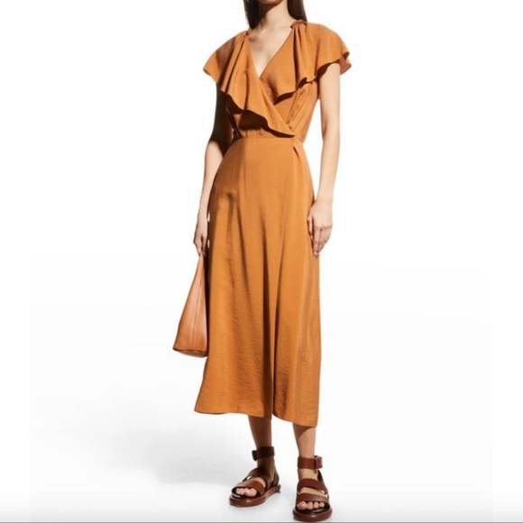 VINCE Braid Trim Flutter Sleeve Wrap Dress Copper Size Small NWT - Picture 3 of 7